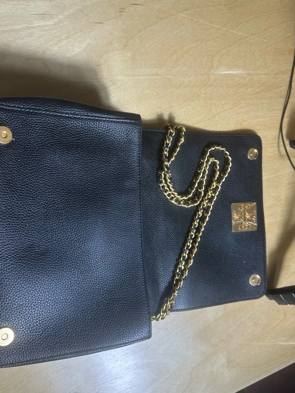 Tory Burch Black Pebbled Leather Shoulder Bag with Gold Chain